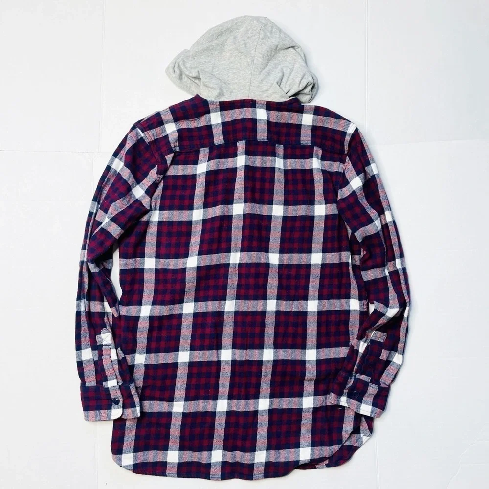 Gap Kids Blue Maroon Plaid Flannel Hooded Long Sleeve Button Up Shirt Size XXL